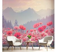 SMBHIAON Red Poppy Field Wallpaper,Dream Garden Scene Photo Wallpaper Light Pink Wall Mural Wall Covering for Bedroom Adults Teenager Living Room Lounge Hallway 300 × 210 cm