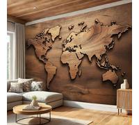 SMBHIAON Retro Wooden Map Mural Wallpaper,World Map Outline Panoramic Wallpaper, Wall Mural Decoration Poster 200 × 140 Cm Murals for Living Room Bedroom Hallway, Dark Brown