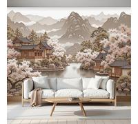SMBHIAON River Mountain Patterns Photo Wallpaper - 400 × 280 Cm Wall Mural - Traditional Chinese Architecture Bedroom Living Room Decoration Poster,Brown
