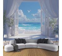SMBHIAON Seaside Scenery Murals, Realistic White Door Window Design Wall Mural Wallpaper, Light Blue Wallpaper for Bedroom Living Room Decor 150 × 105 cm (Not Self-Adhesive)