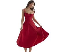 SMBHIAON Slim Fit Suspender Dress for Women - Classic Solid Color V-Neck Front Lace-Up Design Off Shoulder Backless Beach Sundress,Women Sleeveless Wide Shoulder Straps Side Slit Dress,Red,S