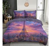 SMBHIAON Soft Single Duvet Cover Sets, Breathable Comfy Reversible Romantic City Views Bedding Set With Pillowcases, Eiffel Tower Sunset In Paris Quilt Cover, Purple