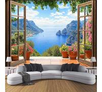 SMBHIAON Spectacular Bay Views Wall Mural - View Through Wooden-Framed Windows,Brown Wallpaper Poster,450 × 315 cm, 3D Artwork for Bedroom, Living Room & Home Decoration (Not Self-Adhesive)