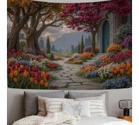 SMBHIAON Spring Garden Tapestry,Stone Path Cottage Tulips Aesthetic Wall Hanging, Red Tapestries for Bedroom, Living Room - 200 x 150 cm
