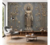 SMBHIAON Standing Buddha Golden Bamboo Lotus Throne Background Wall Mural - 400 × 280 cmClassical Bronze Photo Wallpaper for Bedroom Living Room, 3D Panoramic Custom Wallpaper Wall Art, Brass Color