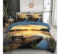 SMBHIAON Sunset Reed Scene Duvet Cover Set Super King Size - 3 Pieces Gold Bedding Set - Wrinkle-Resistant & Breathable Design With Hidden Zipper (Wooden Wharf Scenery, 260×220 Cm)
