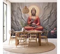 SMBHIAON Terracotta Wallpaper, Red Buddha Lotus Seat Mural Wallpaper, Cave Water Feature Room Decor Wall Art for Living Room Bedroom Kitchen 250 × 175 cm