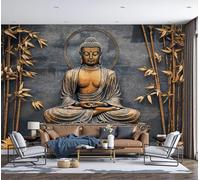 SMBHIAON Traditional Buddhist Art Wallpaper Lotus Buddha Bamboo Leaves Wall Murals for Bedroom Living Room Tv Backdrop Hallway Hall Lounge,150 × 105 Cm,Bronze
