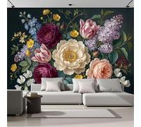 SMBHIAON Traditional Oil Painting Style Mural Wallpaper,Peonies Roses Leaves Panoramic Wallpaper, Wall Mural Decoration Poster 300 × 210 Cm Murals for Living Room Bedroom Hallway, Green