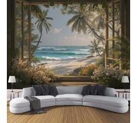 SMBHIAON Tropical Beach View Wall Mural - Realistic Wooden Window Frame,250×175 cm Wallpaper Poster for Bedroom, Living Room & Home Decoration,Light Yellow