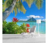 SMBHIAON Tropical Natural Landscape Mural Wallpaper,Coconut Trees Blue Sea Panoramic Wallpaper, Wall Mural Decoration Poster 300 × 210 Cm Murals for Living Room Bedroom Hallway, Green