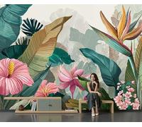 SMBHIAON Tropical Plants Mural Wallpaper,Banana Leaves Hibiscus Flowers Panoramic Wallpaper, Wall Mural Decoration Poster 250 × 175 Cm Murals for Living Room Bedroom Hallway, Forest Green