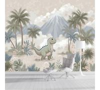 SMBHIAON Tropical Plantswall Mural 3D Cartoon Dinosaurs Palm Groves Wallpaper Large Light Green Wall Wallpaper for Living Room Bedroom 250 × 175 Cm