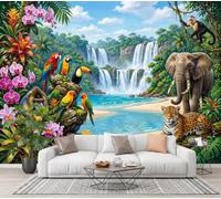 SMBHIAON Tropical Rainforest Photo Wallpaper,Orchid Parrot Elephant Mural Wallpaper | Green Wall Art 3D Mural Decoration for Gaming Room Living Room Bedroom Kitchen Office,400 × 280 cm