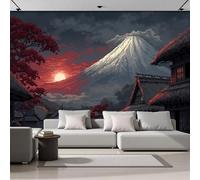 SMBHIAON Ukiyo-E Style Murals, Night View of A Village Near Mount Fuji Wall Mural Wallpaper, Grey Wallpaper for Bedroom Living Room Decor 450 × 315 Cm (Not Self-Adhesive)