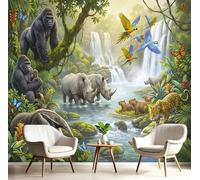SMBHIAON Wall Mural Palm Trees Orangutans Rhinoceroses Photo Wallpaper, Luxury Silk Wall Mural Decoration Rainforest Animals Poster Picture Design for Living Room Kids Bedroom 450 × 315 Cm