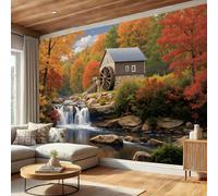 SMBHIAON Wallpaper - Country Mill Scenery Wallpaper for Living Room, Autumn Leaves Waterfall Pattern Bedroom Wall Paper,Orange Wall Mural & Home Decor,150 × 105 Cm