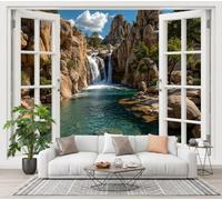 SMBHIAON Wallpaper for Bedroom Wall Art Murals, Giant Rock Waterfall 200 × 140 cm Photo Wallpaper 3D Effect, Canyon Window View Wall Mural Wallpapers for Living Room,Dark Brown
