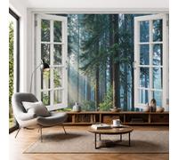 SMBHIAON Wallpaper for Bedroom Wall Art Murals, Sunlight Pine Forest Window View 200 × 140 cm Photo Wallpaper 3D Effect, Forest Light Shadow Wall Mural Wallpapers for Living Room,Dark Green