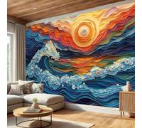 SMBHIAON Wallpaper - Quilling Art Wallpaper for Living Room, Ocean Waves Solar Elements Bedroom Wall Paper,Orange Wall Mural & Home Decor,300 × 210 Cm