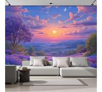 SMBHIAON Wallpaper - Romantic Sunset Scenery Wall Mural, Lavender Fields in Provence Photo Wallpaper for Living Room Bedroom, 300 × 210 Cm,Purple