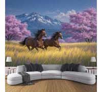 SMBHIAON Wallpaper - Spring Scenery Wall Mural, Horses Galloping Across The Grassland Photo Wallpaper for Living Room Bedroom, 200 × 140 cm,Pink Yellow