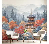SMBHIAON Wallpaper - Traditional Chinese Architecture Wall Mural, Dense Tree Pattern Photo Wallpaper for Living Room Bedroom, 350 × 256 cm,Red