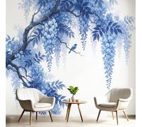 SMBHIAON Watercolor Flowers Wall Mural 3D Blue Wisteria Birds Wallpaper Large Blue Wall Wallpaper for Living Room Bedroom 350 × 256 Cm