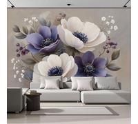 SMBHIAON White and Purple Anemones 3D Silk Wall Mural Realistic Floral Style Photo Wallpaper Poster Picture Design for Living Room Kids' Bedroom & Home Interiors,450 × 315 Cm,Grey