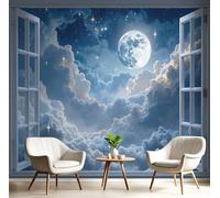 SMBHIAON White Clouds Full Moon Elements Wallpaper,3D Visual Window Frame Photo Wallpaper Dark Blue Wall Mural Wall Covering for Bedroom Adults Teenager Living Room Lounge Hallway 400×280 cm
