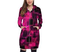 SMBHIAON Women’S Long Hoodie Zip Up - Futuristic Elements Slim Fit Hooded Cardigan With Drawstring & Front Pockets, Abstract Block Shapes Printed Sweatshirt For Autumn Winter, Plus Size Dark Pink