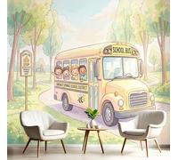 SMBHIAON Yellow School Bus Children 3D Silk Wall Mural Cute Illustrations Photo Wallpaper Poster Picture Design for Living Room Kids' Bedroom & Home Interiors,450 × 315 Cm,Yellow-Green