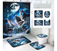 SMchwbc 4-Piece Wolf Shower Curtain Set - Forest Moon Wolf Shower Curtain (180 x 200 cm) - Wolves Textile - Polyester Bathroom Rug (120 x 200 cm) - 3D Design - Soft Flannel Rug - Easy Installation