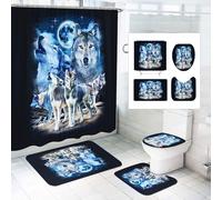 SMchwbc 4-Piece Wolf Shower Curtain Sets Forest Moon Wolf Shower Curtain 180 x 200 cm Wolves Textile Forest Animal Shower Curtains Polyester Bathroom Rug 4-Piece Set (200 x 240 cm (W x H), 5)