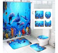 SMchwbc Ocean Dolphin Shower Curtain, 180 x 180 cm, 180 x 200 cm, Blue Beach Shower Curtains Set, Polyester, Plants Shower Curtains, Bathroom Rug, 4-Piece Set (120 x 200 cm)