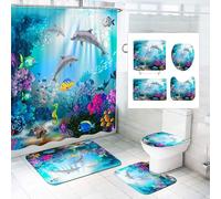 SMchwbc Ocean Dolphin Shower Curtains Set, 180 x 200 cm, Polyester, 4-Piece Set (Includes Bathroom Rug)