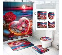 SMchwbc Rose Shower Curtains Set with Carpets 4-Piece Rose Flower Raindrop Shower Curtain Pink Flower Shower Curtains Waterproof (180 x 200 cm (W x H), 8)