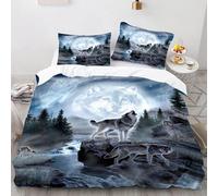 SMchwbc Wolf Bed Linen 135 x 200 cm Children's Animal 3D Wolf Duvet Cover Set for Teenagers, Wolf Bed Linen Set 3-Piece Black Blue with Zip (135 x 200 cm, 2)