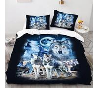 SMchwbc Wolf Bed Linen 135 x 200 cm Children's Animal 3D Wolf Duvet Cover Set for Teenagers, Wolf Bed Linen Set 3-Piece Black Blue with Zip (135 x 200 cm, 5)