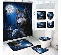 SMchwbc Wolf Shower Curtain 180 x 180 cm 180 x 200 cm Wolves Textile Forest Animal Shower Curtains Set Polyester Fabric Wild Animals Shower Curtains Bathroom Rug 4-Piece Set (200 x 240 cm (W x H), 3)