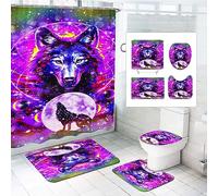 SMchwbc Wolf Shower Curtain 180 x 180 cm 180 x 200 cm Wolves Textile Forest Animal Shower Curtains Set Polyester Fabric Wild Animals Shower Curtains Bathroom Rug 4-Piece Set (200 x 240 cm (W x H), 5)