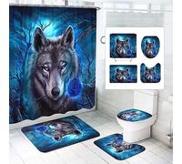 SMchwbc Wolf Shower Curtain 180 x 180 cm 180 x 200 cm Wolves Textile Forest Animal Shower Curtains Set Polyester Fabric Wild Animals Shower Curtains Bathroom Rug 4-Piece Set (180 x 180 cm (W x H), 4)