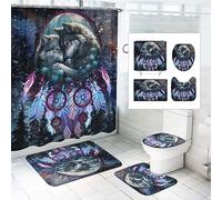 SMchwbc Wolf Shower Curtain 180 x 180 cm 180 x 200 cm Wolves Textile Forest Animal Shower Curtains Set Polyester Fabric Wild Animals Shower Curtains Bathroom Rug 4-Piece Set (180 x 180 cm (W x H), 1)