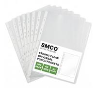 SMCO 100 x A4 Plastic Punched Poly Pockets Sleeves Clear Low Glare - Heavy Duty Polly Top-Loading Document Wallets for Ring Binders, Lever Arch Files, Office, School & Home Filing