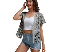 SMDPPWDBB Women’s Short Sleeve Lace Shrugs Bolero Cardigan Crochet Sheer Crop Jacket, Gray, L