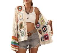SMDPPWDBB Women's Crochet Open Front Floral Cardigan Colorful Striped Flared Long Sleeves Hollow Out Shrug Sweater, Apricot, L