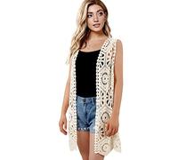 SMDPPWDBB Womens Floral Crochet Lace Boho Trim Sleeveless Open Front Vest Cardigan, Beige-020, One size