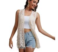 SMDPPWDBB Womens Floral Crochet Lace Boho Trim Sleeveless Open Front Vest Cardigan, Beige-030, One Size