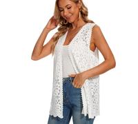 SMDPPWDBB Womens Floral Crochet Lace Boho Trim Sleeveless Open Front Vest Cardigan, V-10white, One size