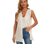SMDPPWDBB Womens Floral Crochet Lace Boho Trim Sleeveless Open Front Vest Cardigan, V-11beige, One size